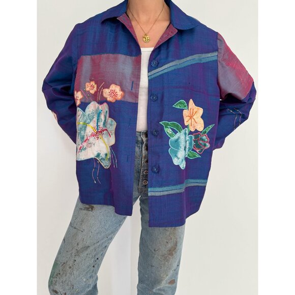 90s vintage blue shiny floral embroidered patchwork light silk button up jacket - Picture 3 of 10